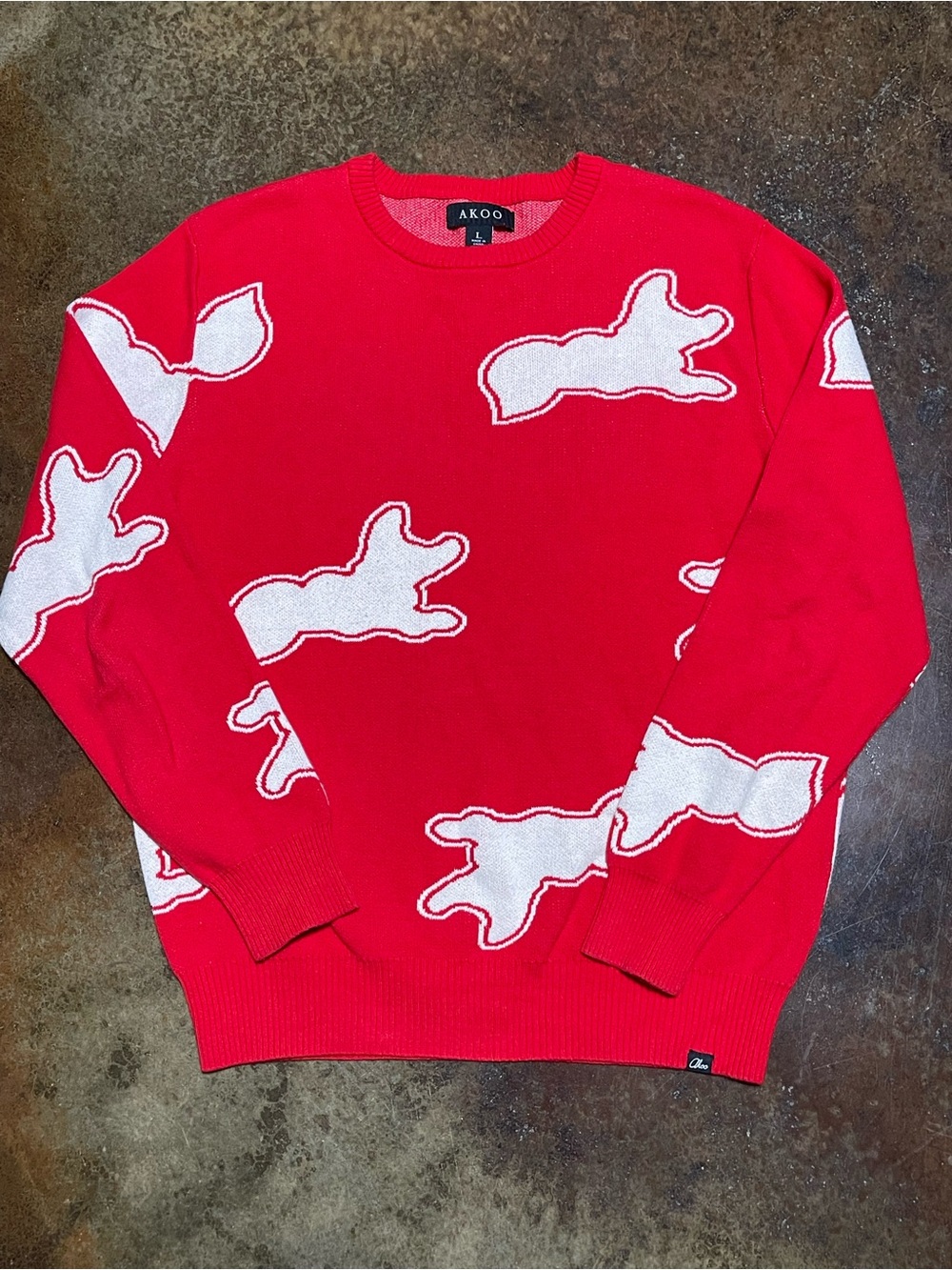 AKOO Red Crewneck Sweater with White Cloud Appliqués